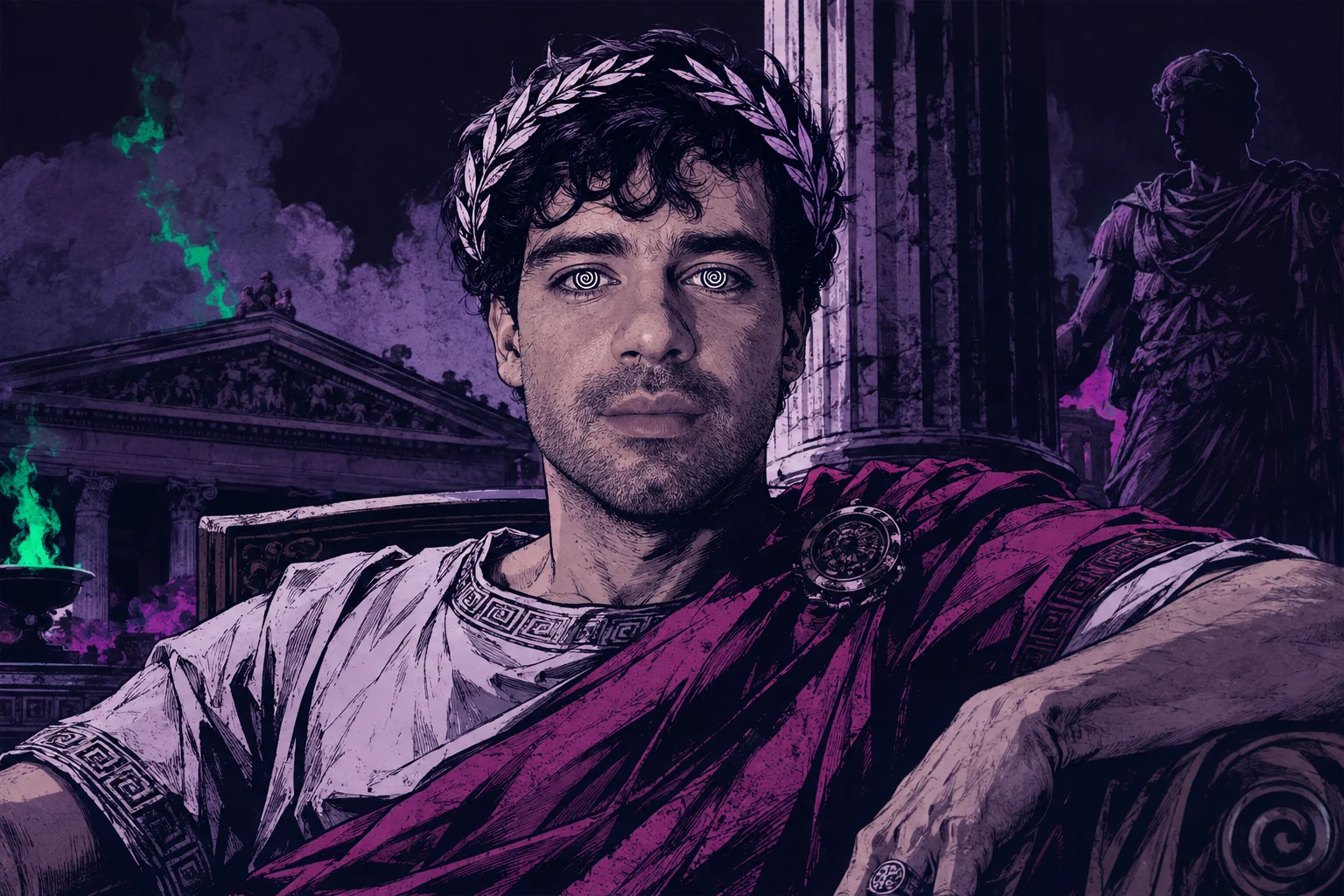 Rodrigo como César, con toga y corona de laurel, frente a un templo romano de noche